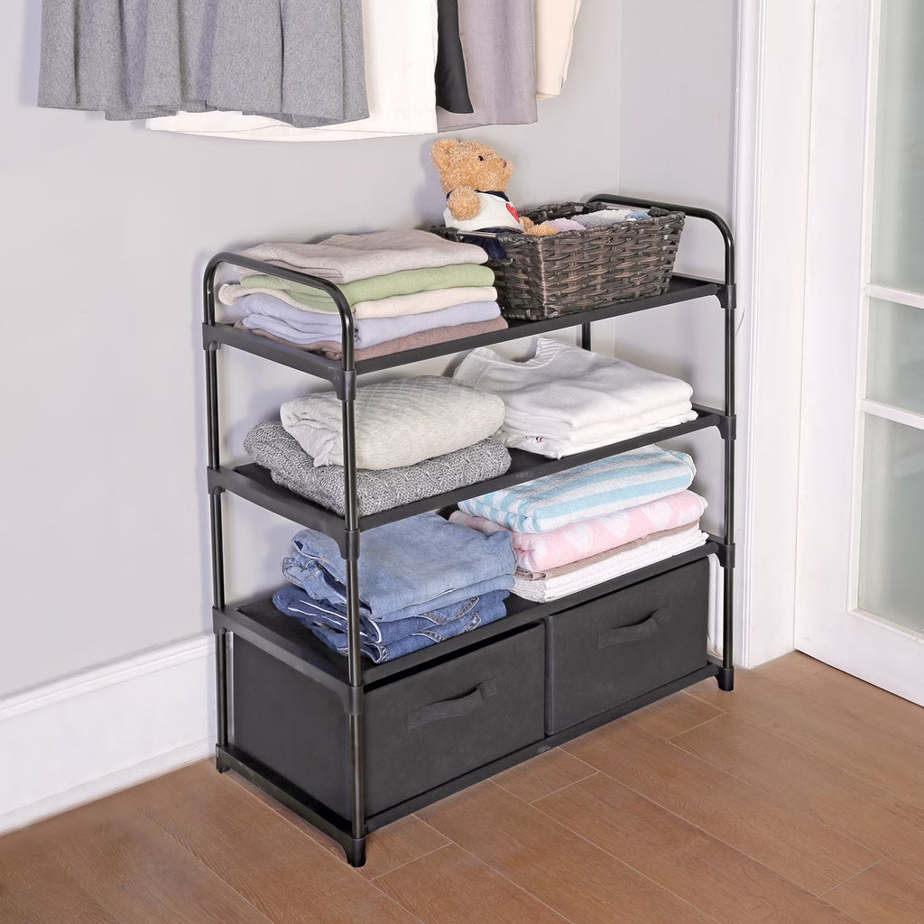 4-Shelf Closet Organizer with 2 Fabric Bins, Black, Metal Frame