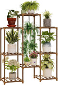 Wood Plant Stand 8 Pots Tiered Plant Shelf Indoor Outdoor Ladder Plant Rack with Hanging Design for Living Room Patio Balcony Garden