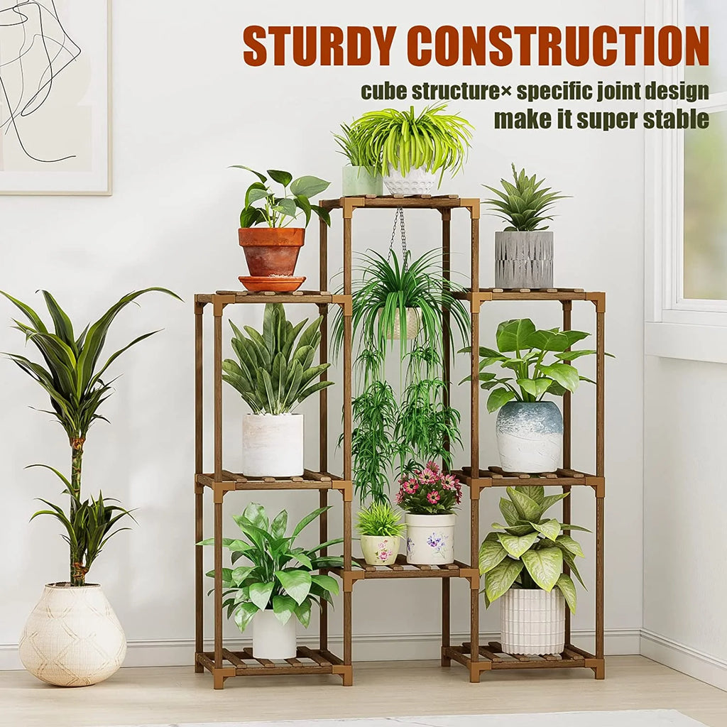 Wood Plant Stand 8 Pots Tiered Plant Shelf Indoor Outdoor Ladder Plant Rack with Hanging Design for Living Room Patio Balcony Garden